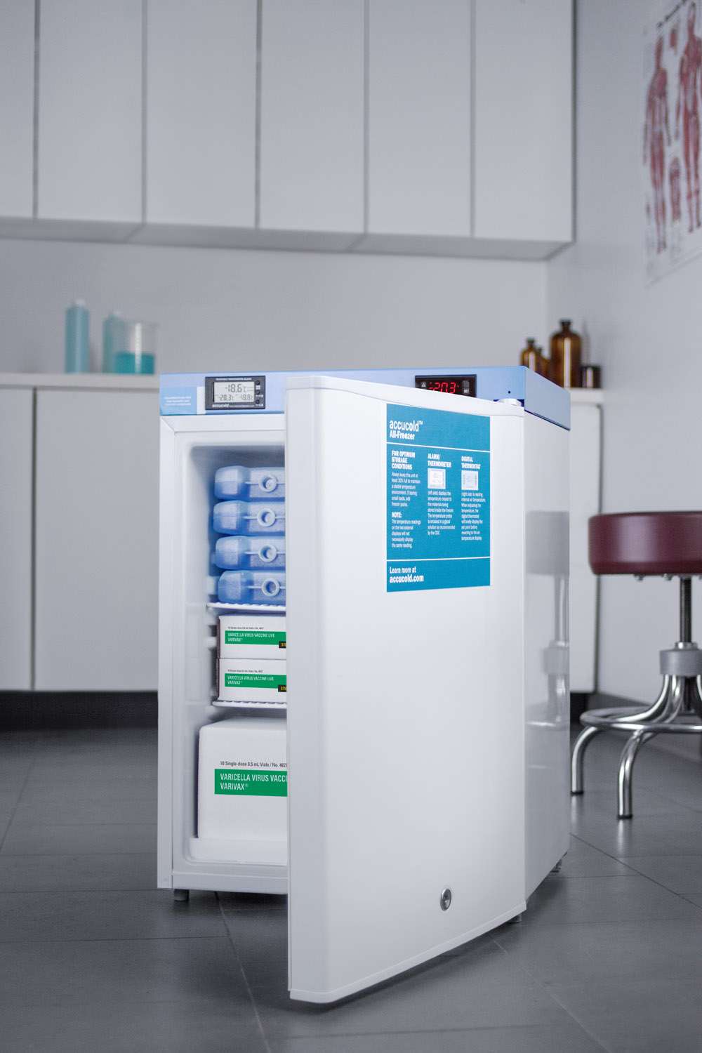 Compact medical/scientific all-freezer with digital thermostat, NIST calibrated thermometer/alarm, and front lock